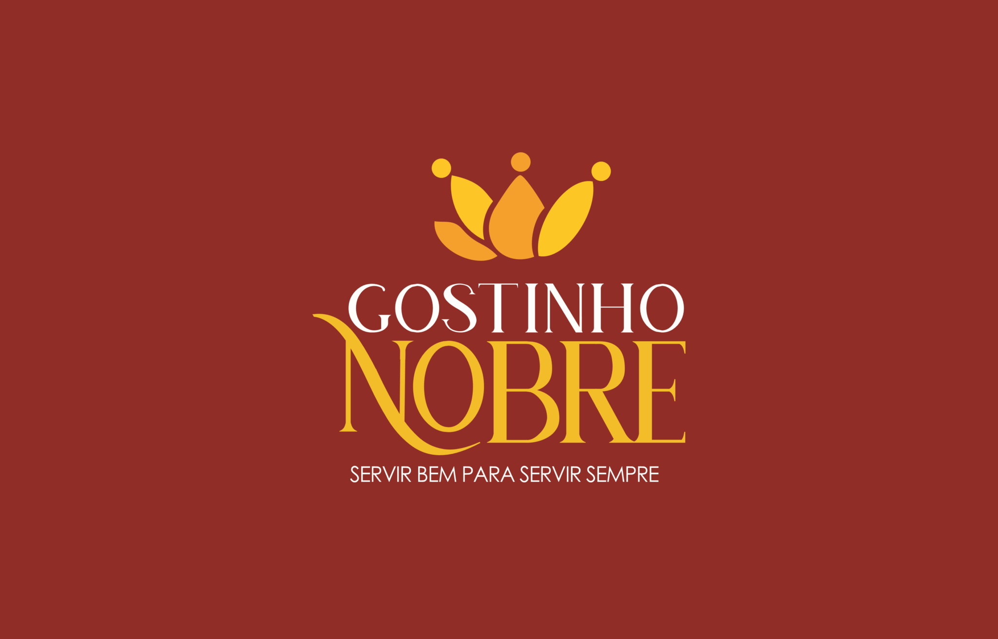 Logo atual Fábrica de Salgados Gostinho Nobre. Foi criado uma coroa de salgados que intercala as cores entre amarelo mostarda e um laranja. Abaixo da coroa está o nome da organização com letras mais finas trazendo delicadeza e a nobreza desejada a marca.