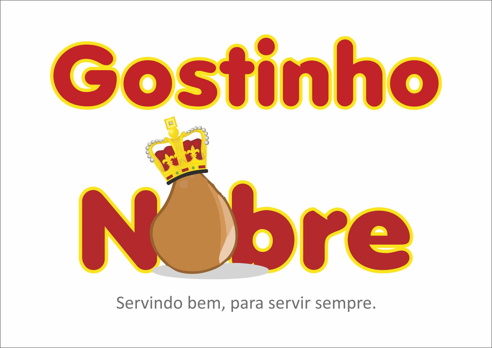 Protótipo de Logo para Fábrica de Salgados Gostinho Nobre. Logo com letras arredondadas, usando o vermelho e o amarelo como cores predominantes, além de uma coxinha com coroa para representar a nobreza.