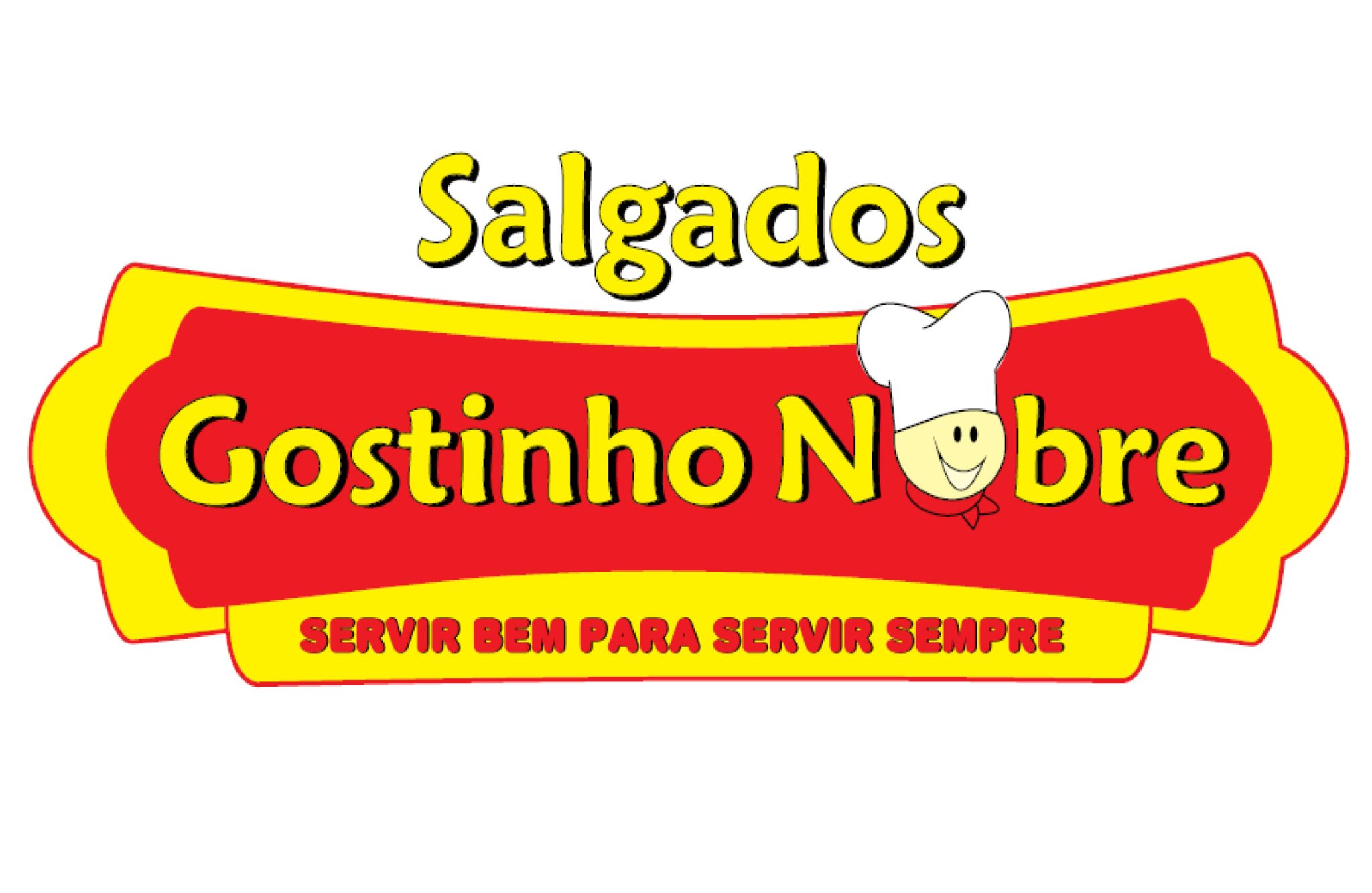 Primeira Logo Utilizada para Fábrica de Salgados Gostinho Nobre até o ano de 2020. Logo com letras redondas com cores amarela e vermelha como predominantes, porém agora o nome está sobre um brasão e existe a figura de um cozinheiro sobre o O do Nobre.